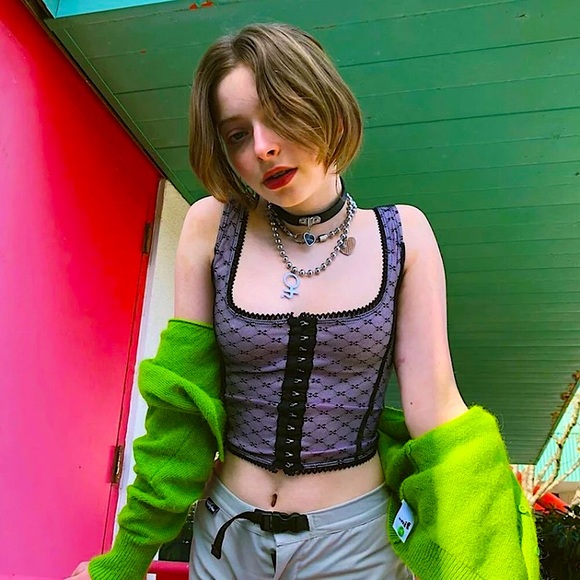 Purple & black hook front crop corset top - Picture 9 of 16